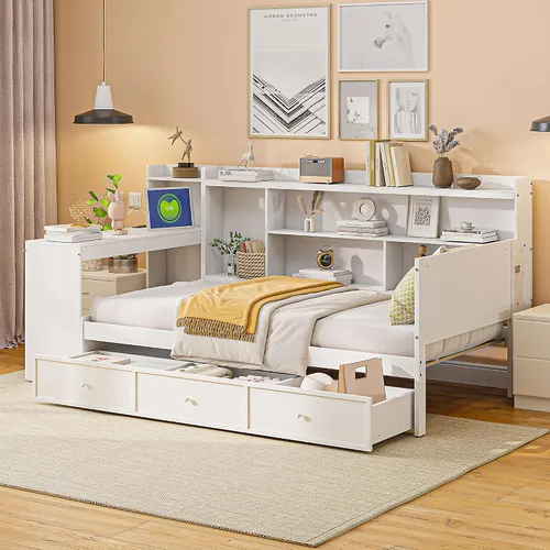 Vista 42 de VilroCaz Cama de sofá de tamaño individual de madera con estantes de almacenamiento y escritorio de estudio, estructura de cama de día Blanco