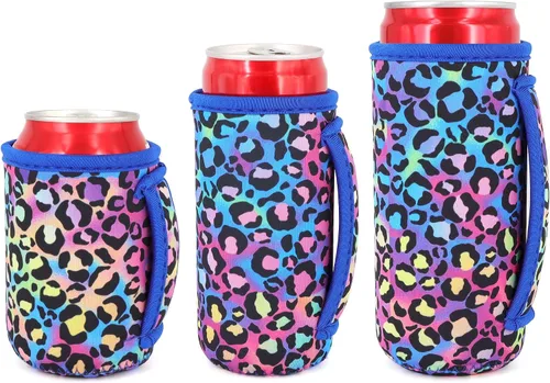 Vista 28 de 3 Pack de fundas aisladas reutilizables de neopreno con asa para soda, bebida energética, refresco, cerveza, seltzer duro, fundas para latas de 12