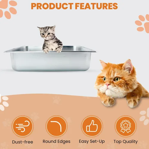 Vista 2 de Caja de arena para gatos de acero inoxidable con lados altos, nunca absorbe olores, manchas ni se oxida, superficie lisa antiadherente para gatos