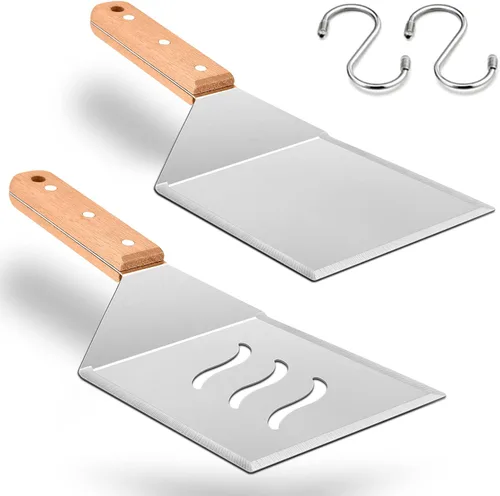 Vista 11 de HaSteeL - Juego de 2 espátulas de metal grandes de acero inoxidable con mango de ABS, resistente para hamburguesas y panqueques, ideal para cocinar