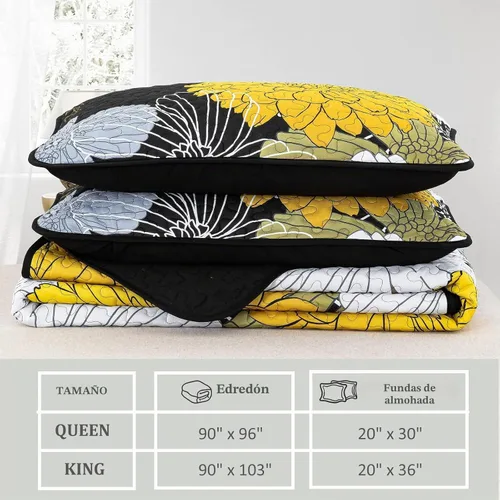 Vista 6 de Juego de colcha de 3 piezas con patrón floral amarillo, tamaño Queen, colcha negra ligera con 2 fundas de almohada para todas las estaciones, juego