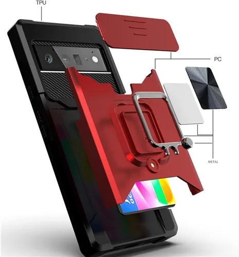 Vista 6 de Funda tipo billetera para Google Pixel 7/7Pro, con cubierta deslizante para cámara, ranura para tarjetero y anillo magnético con soporte, funda Negro