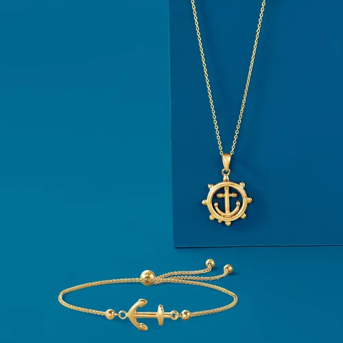 Vista 4 de Ross-Simons Pulsera Bolo con ancla náutica de oro amarillo de 14 quilates, Oro, Sin gemas.