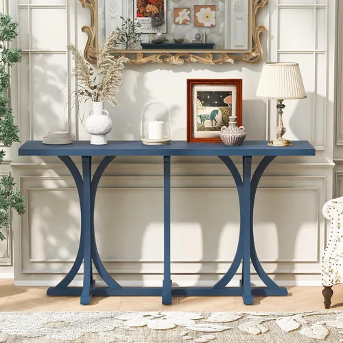 Vista 19 de Mesa de consola de madera de 152 cm con tapa de chapa de roble y patas curvadas delgadas de madera de goma, elegante mesa de sofá para sala