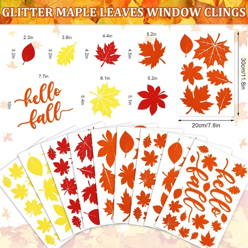 Vista 5 de Whaline 105 calcomanías de ventana de hojas de arce con purpurina de otoño, coloridas calcomanías de vidrio de doble cara para otoño, cosecha