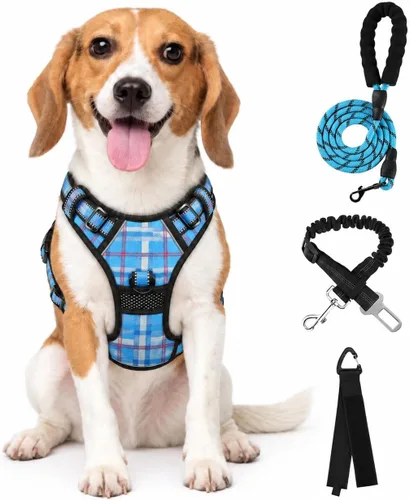 Vista 9 de FURRYFECTION Plaid Dog Harness with Leash and Seat Belt Set, Beige&White, M Tartán beige