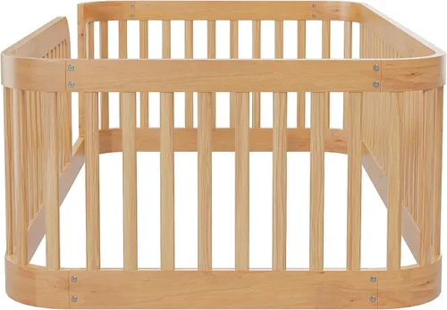 Vista 9 de Merax Cama de plataforma de tamaño individual, marco de cama de piso de madera con valla, natural