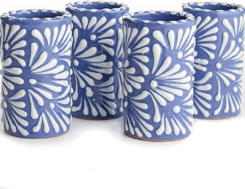 Vista 28 de Juego de 4 vasos de chupito Talavera auténticos mexicanos para tequila - Pintados a mano - 2 Oz (Corazón Azul)
