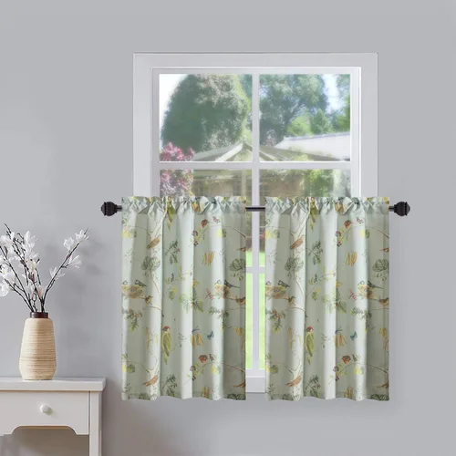 Vista 26 de Leeva Cortinas rústicas de cocina con estampado floral verde mezclado de lino para media ventana, para comedor, bolsillo para barra, cafetería