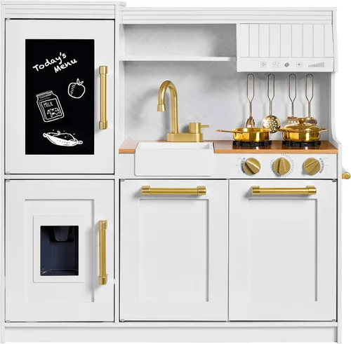 Vista 15 de Best Choice Products - Juego de cocina de madera para niños, juego de cocina con fregadero, horno, microondas, refrigerador, máquina de hielo y Negro