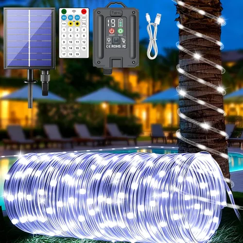 Vista 13 de Nuevas luces de cuerda solares mejoradas para exteriores, impermeables, 32m, 300 LED, luces de tira solares con control remoto, temporizador