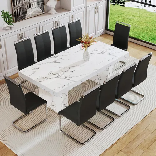 Vista 36 de gopop Mesa de comedor de mármol de 63 pulgadas, tablero de mesa de comedor MDF con patrón de mármol y base para cocina y comedor.