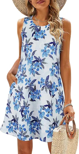 Vista 101 de SimpleFun - Vestidos de verano para mujer, camiseta floral, vestido de playa de estilo bohemio, informal, con bolsillos y sin mangas