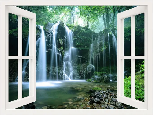 Vista 2 de wall26 Adhesivo mural removible para pared, vista de ventana, bosque, montaña, río, cascada rápida, naturaleza, fotografía, realismo, paisaje