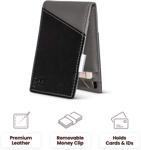 Vista 6 de FH Signature - Cartera delgada con bloqueo RFID para hombre con clip de metal para dinero en cuero de grano superior Negro Gris 425 x 275 Cartera