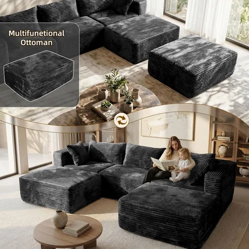 Vista 4 de Sofá modular 110 sin hueso con 2 otomanas, sofá modular en forma de U de pana, sofá convertible en nube con asientos profundos, no requiere montaje