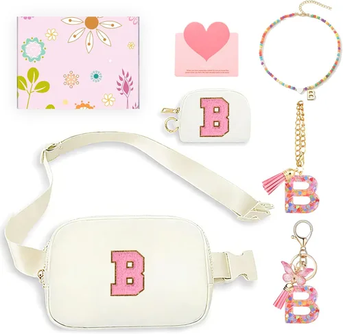 Vista 18 de Regalos de moda para niñas adolescentes, cangurera con monograma para niña con llavero, collar, dijes de taza, tarjeta de felicitación y caja