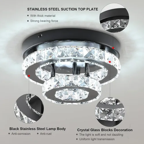 Vista 4 de Lámpara de araña de cristal moderna de 9.8 pulgadas con montaje empotrado al techo, mini lámpara de araña negra con iluminación LED para dormitorio