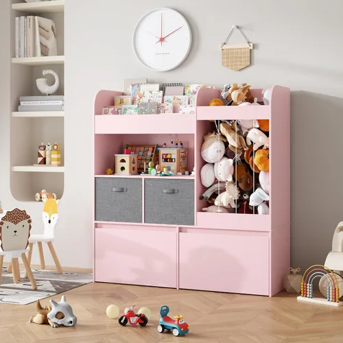 Vista 8 de Soporte para animales de peluche, estantería para niños con tapete de juego, almacenamiento de juguetes de madera con 2 cajones móviles y estantería
