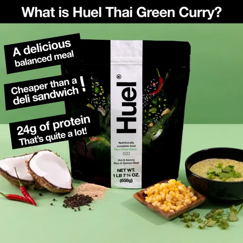 Vista 2 de Huel Sustituto instantáneo de comida caliente y salada, curry verde tailandés, 14 cucharadas empaquetadas con alimentos 100% nutricionalmente