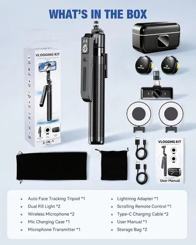 Vista 9 de Content Creator Essentials Kit de vlogging para iPhone/Android, trípode de seguimiento automático de cara de 71 pulgadas para iPhone con luz y Negro