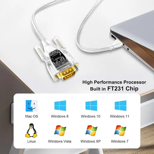 Vista 5 de DTECH Adaptador USB a serie Características FTDI Chip DB9 9 Pin RS232 a USB Cable FT231 Chipset Compatible con Windows 11 10 8 7 XP Mac OS Linux