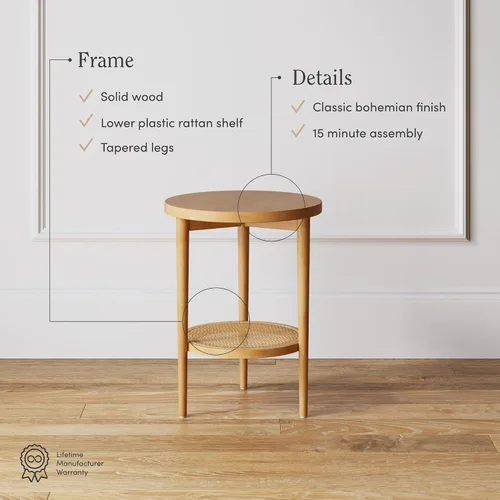 Vista 4 de Nathan James Sonia - Mesa auxiliar redonda de estilo boho, mesa lateral natural para sofá en madera clara con estante de almacenamiento de ratán