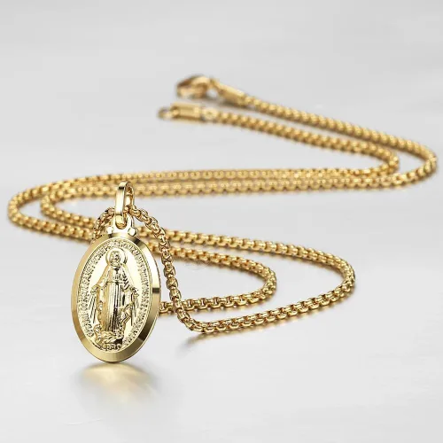 Vista 4 de Collar de Virgen de Guadalupe de oro amarillo de 18 quilates, joyería religiosa, dije de Nuestra Señora, Virgen María, collares con dijes