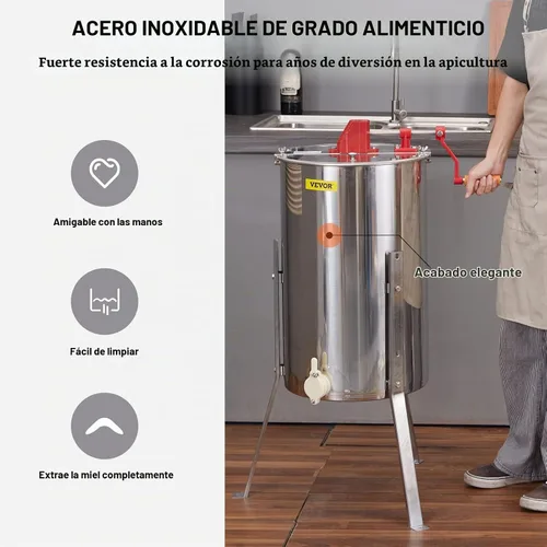 Vista 4 de VEVOR Extractor de Miel de 3 Marcos, Extracción Manual de Apicultura de Acero Inoxidable, Centrifugador de Tambor de Panal con Tapa Transparente