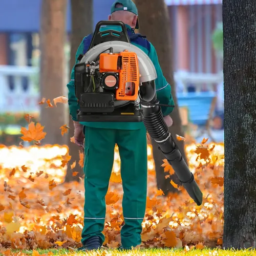Vista 8 de Soplador de hojas de mochila, 52CC 550 CFM 2 tiempos motor soplador de hojas de gas, soplador de polvo de alta resistencia para exteriores de Naranja