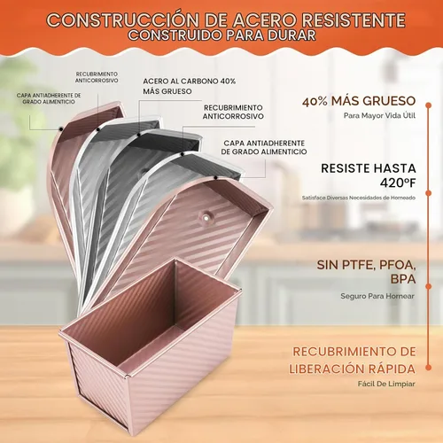 Vista 4 de Pavsrmy Paquete de 2 moldes para pan Pullman con tapa, capacidad para 1 lb/0.5 lb de masa, molde premium para pan de sándwich con tapa, molde