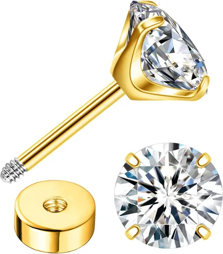 Vista 11 de Enticera G23 Aretes de Titanio 5A+Circonita Cúbica Aretes de Botón con Parte Trasera Plana Aretes Hipoalergénicos de Oro 14K Aretes 2-5MM