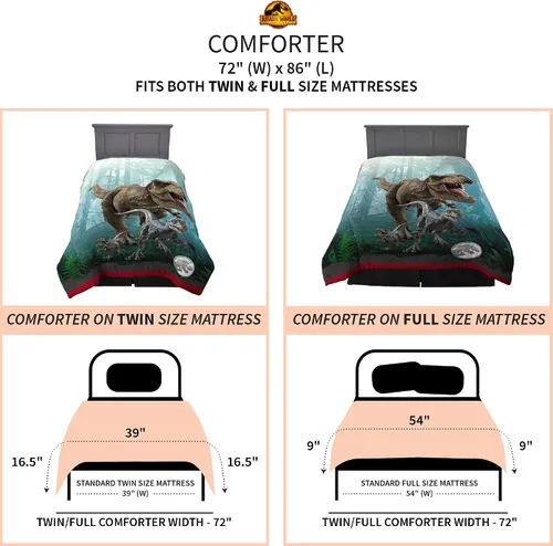 Vista 4 de Franco Ropa de cama para niños, edredón reversible de microfibra súper suave, tamaño individual/matrimonial, Jurassic World Dominion