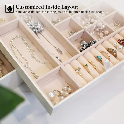 Vista 4 de ProCase - Joyero grande de cuero con dos niveles para organizar aretes pulseras anillos relojes para mujeres niñas regalo ideal para novia o esposa