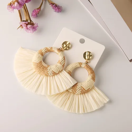 Vista 3 de STWTR Pendientes de rafia grandes, ligeros, geométricos, con flecos, trenzados, bohemios, hechos a mano, paja, trenzados, de mimbre, para mujeres