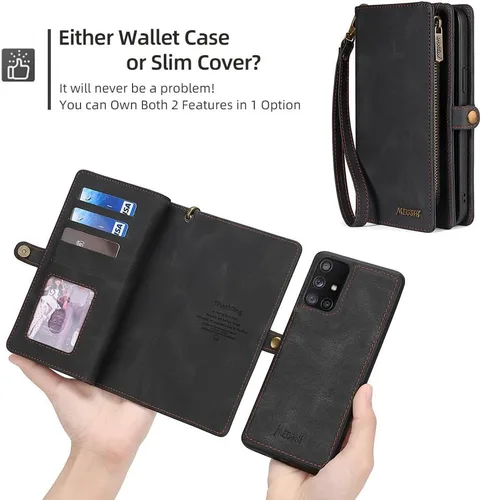 Vista 5 de Asuwish Funda de teléfono para Samsung Galaxy A71 5G con cremallera, funda desmontable con protector de pantalla de vidrio templado y soporte