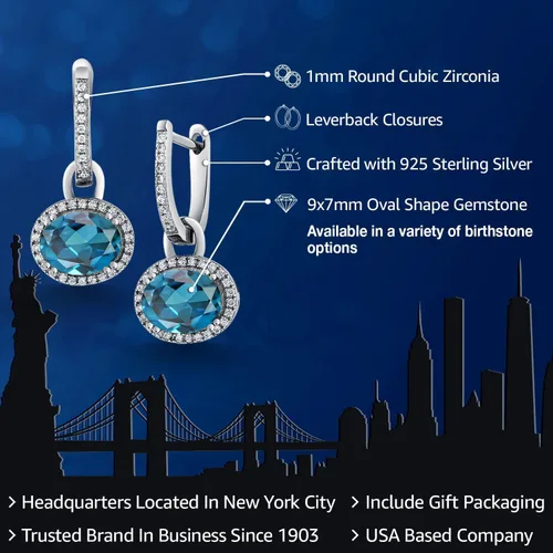 Vista 2 de Gem Stone King Aretes colgantes ovalados de plata de ley 925 de 0.354 x 0.276 in con piedra natal Aretes colgantes ovalados para mujer