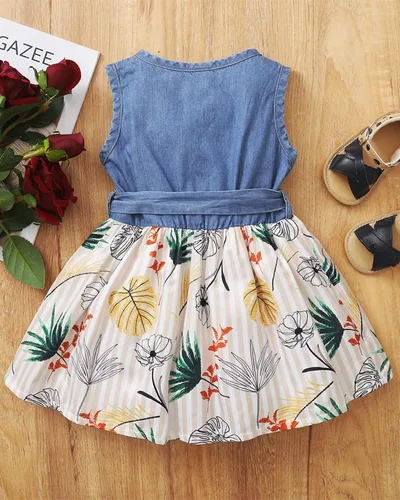 Vista 5 de Saeaby Vestido de Niña Bebé Ropa de Verano para Niña Pequeña Vestido sin Mangas para Bebé Vestido de Mezclilla con Flores Vestido de Verano Vestidos