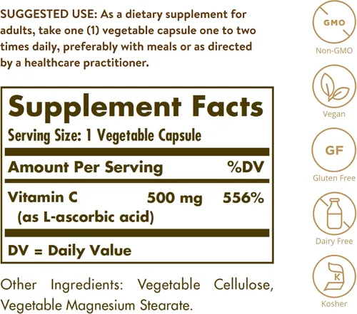 Vista 2 de Solgar - 100 Cápsulas vegetales de vitamina C de 500 mg, antioxidante y apoyo inmunológico para la salud general, apoya la salud de la piel