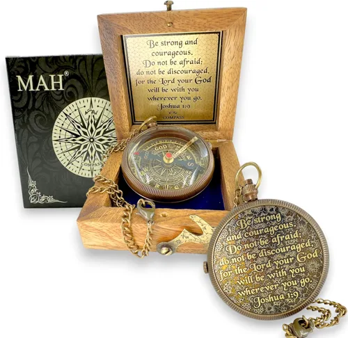 Vista 10 de Bible Verse Brass Compass – “Be Strong and Courageous” (Joshua 1:9) Christian Gift for Graduation, Baptism, Confirmation – Religious Keepsake for