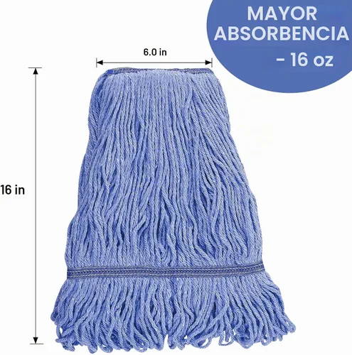 Vista 3 de Repuesto de cabezal de fregona para trapeadores comerciales resistentes para limpieza de suelos, repuesto de cabezal de hilo de algodón azul