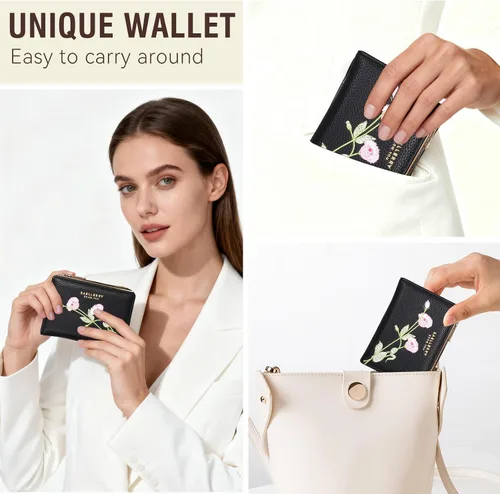 Vista 6 de Billetera pequeña para mujer, doble bordado, con flores, bloqueo RFID, piel sintética, con bolsillo con cremallera para mujeres y niñas (negro)