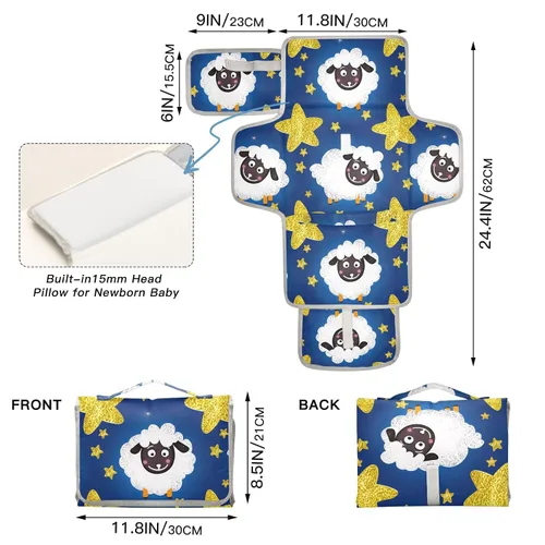Vista 4 de Cute Sheep Portable Changing Pad with Built-in Pillow, Waterproof Foldable Baby Diaper Changing Pads, Diaper Mat for Boys and Girls
