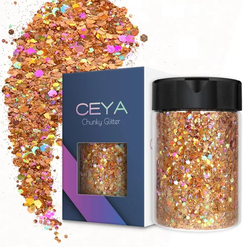 Vista 28 de Ceya Brillantina gruesa holográfica, 1 libra/16 onzas, oro diamante a granel, purpurina mixta gruesa y fina embotellada con lentejuelas metálicas