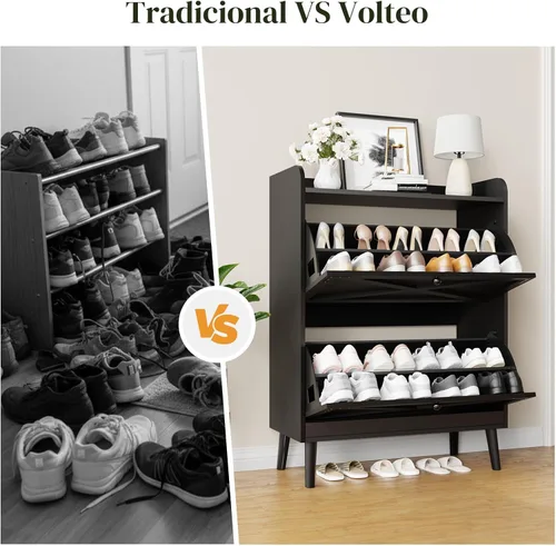 Vista 8 de Armario de almacenamiento de zapatos con 2 cajones abatibles y estantes ajustables, armario organizador de zapatos estrecho con puertas ganchos Negro