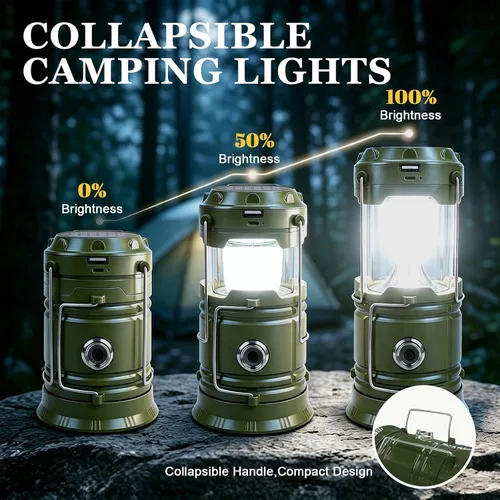 Vista 6 de DIBMS Linterna solar para camping, linterna LED plegable luces de emergencia (moderno, verde militar) LED Solar USB Rechargeable Lamp Tent Hanging
