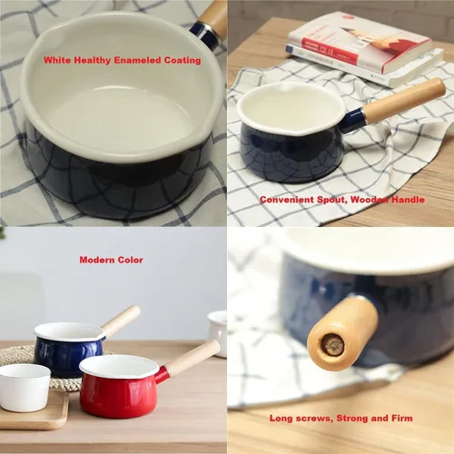 Vista 5 de Olla de leche esmaltada con doble salida de vertido, calentador de mantequilla, olla de leche para estufa, revestimiento interior esmaltado blanco