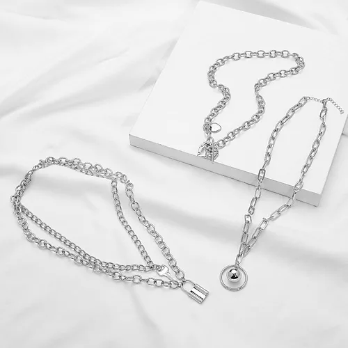 Vista 6 de Juego de 8 collares de cadena en tono plateado y dorado para mujeres, adolescentes y niñas y niños, collar colgante en capas con diseño multicolor