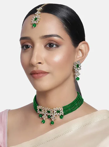 Vista 5 de Aheli Ethnic Indian Necklace Earring Maang Tikka Set Traditional Bollywood Fashion Jewelry for Women Blue