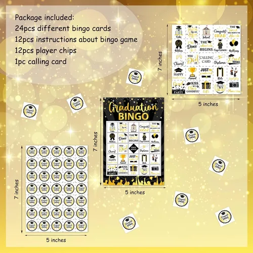 Vista 4 de Juegos de bingo de graduación, juego de graduación de oro negro para 24 jugadores, juegos de fiesta de graduación y actividades, tarjetas divertidas
